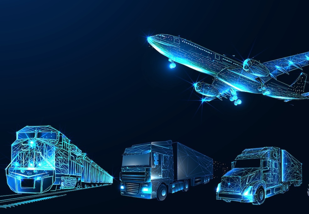 Third party logistics, 3pl, transport, cargo export, import. Integrated warehousing and transportation operation service. Air, road, maritime delivery. Digital polygonal low poly 3d mesh illustration