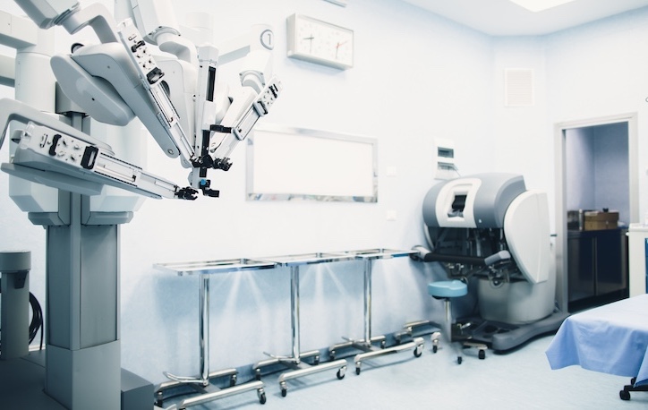 Minimal invasive robot surgical system in hospital. Robotic technology equipment, machine arm surgeon in futuristic operation room. Medical inovation 3D view endoscopy for robot surgery in healthcare