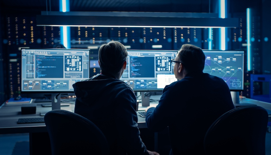 Two Professional IT Programers Discussing Blockchain Data Network Architecture Design and Development Shown on Desktop Computer Display. Working Data Center Technical Department with Server Racks